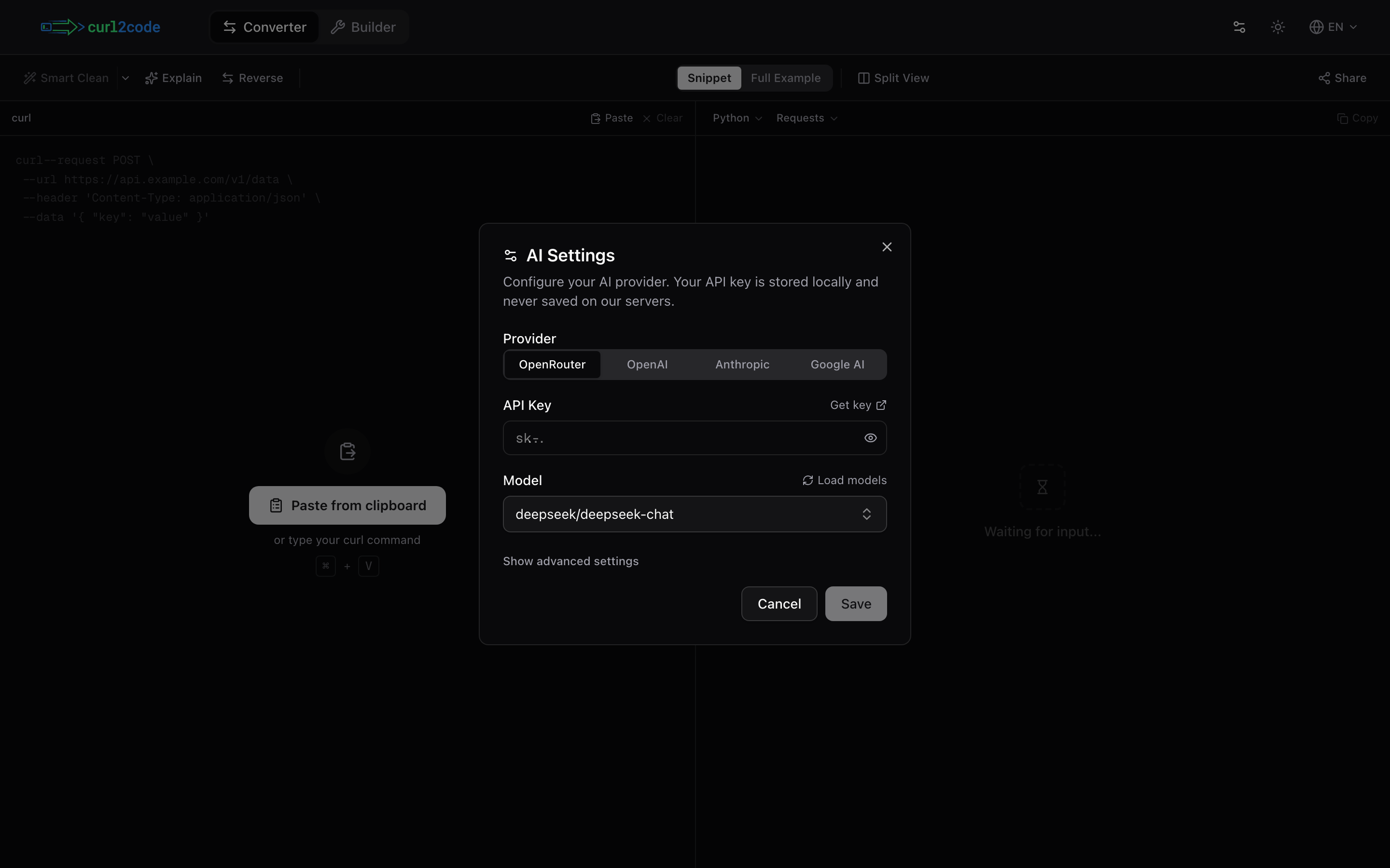 AI по своему ключу: четыре провайдера, ключ хранится только в браузере.