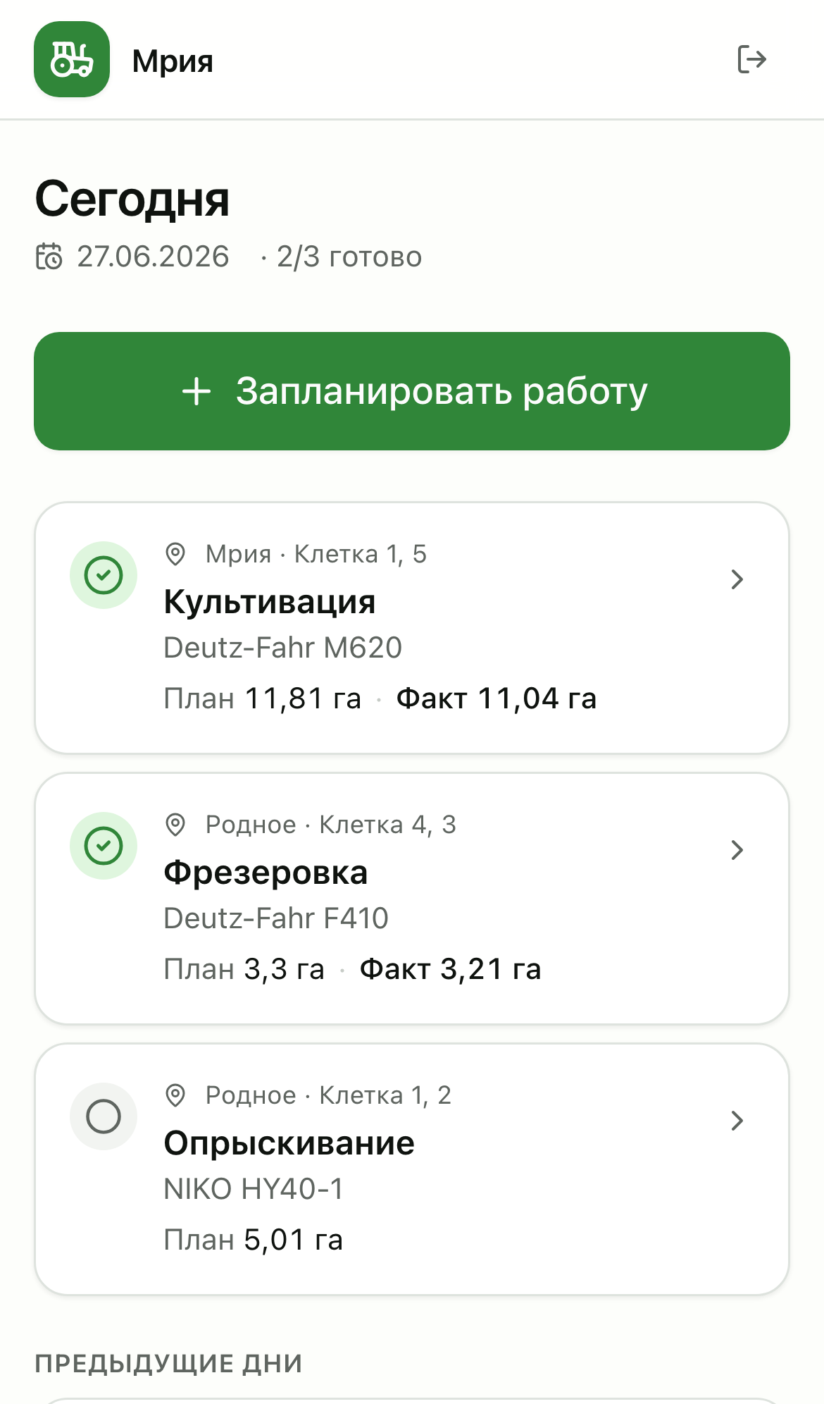 «Сегодня»: план и факт за день, прогресс готовности.