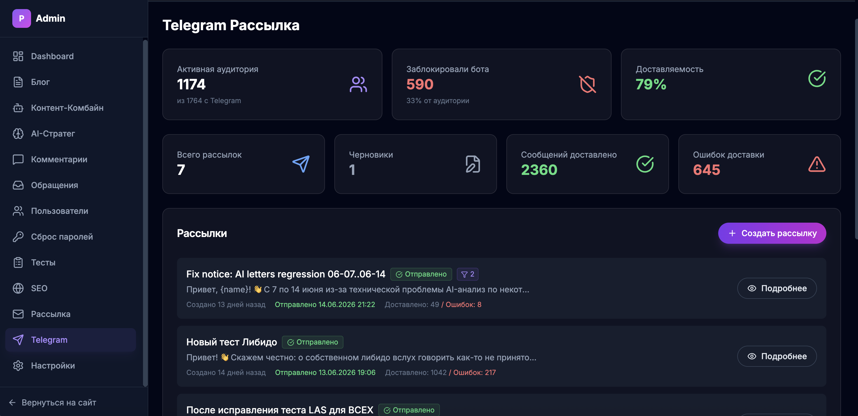 Telegram-рассылки с метриками доставляемости и гибкими настройками фильтров.